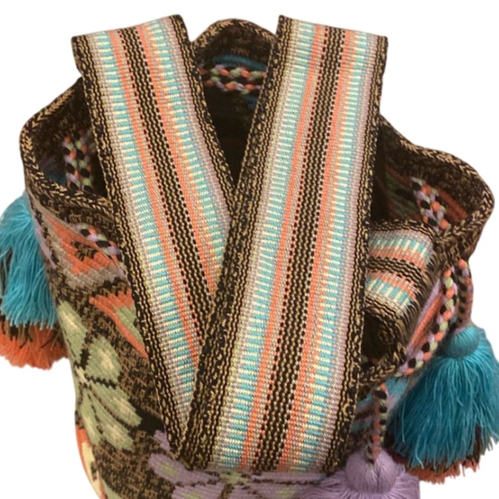 Wayuu Columbian Aztec Woven Bright Colorful Pom Pom Tassel Bucket Tote Bag - Picture 9 of 9